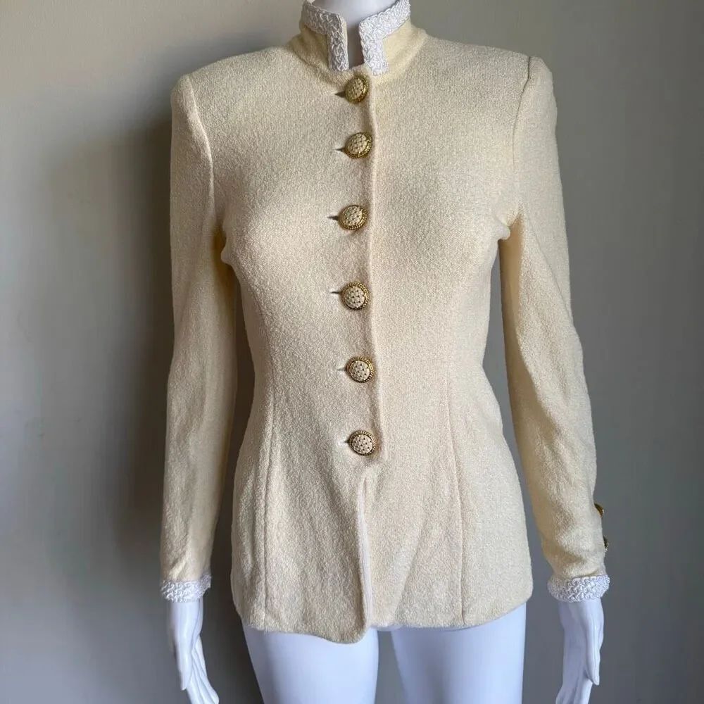 Vintage St. John Collection Military Style Boucle Jacket With Embroidery